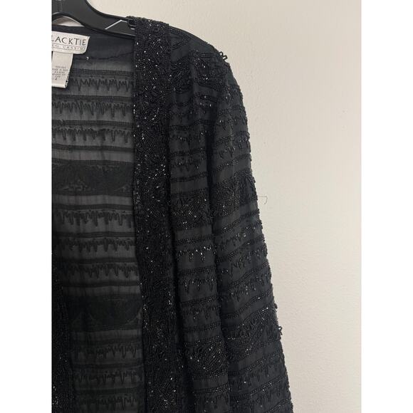 Oleg Cassini Black Tie Jacket Womens Large Black Beaded Silk Evening Open Front - Picture 14 of 16
